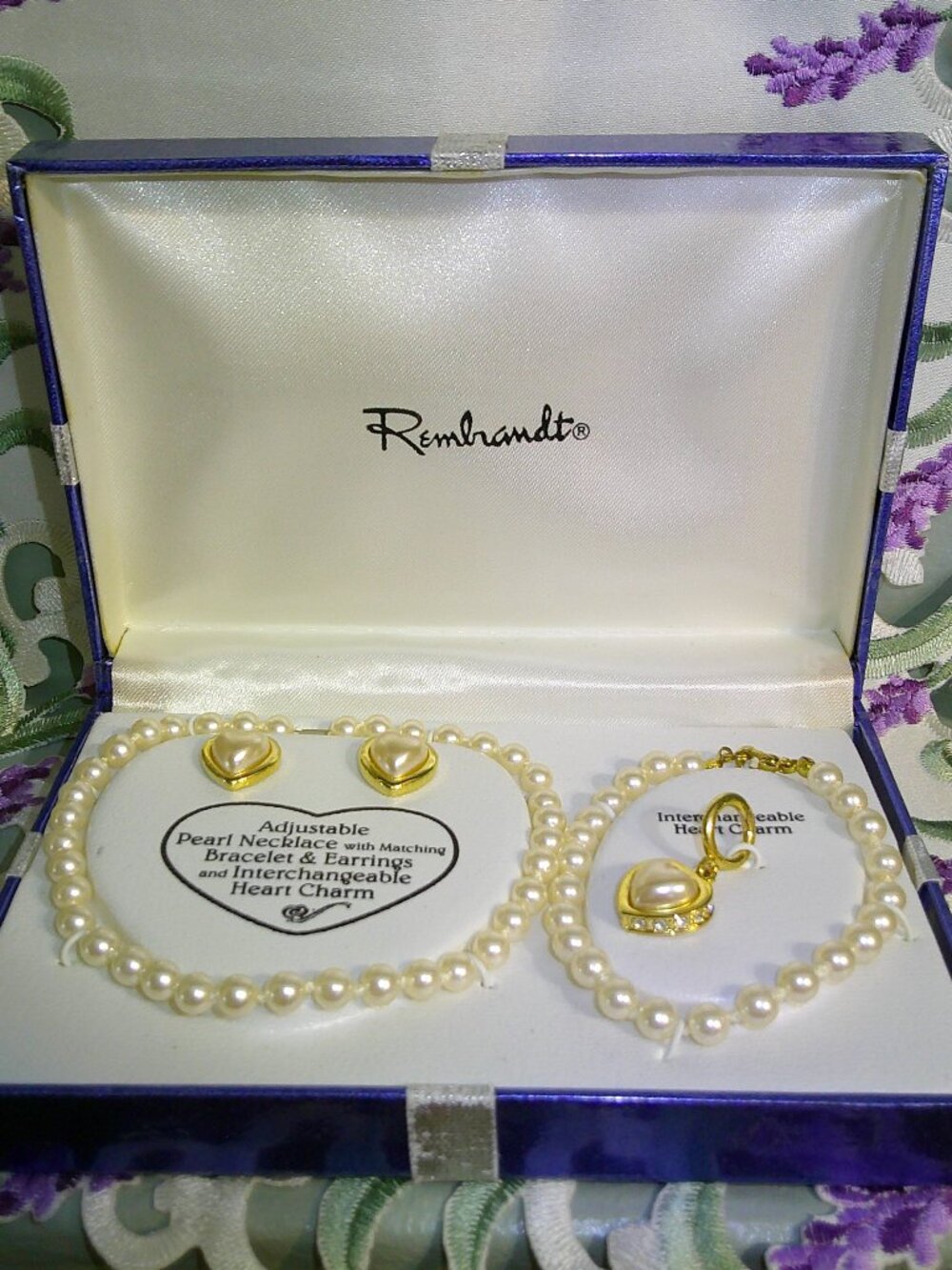 Vtg Rembrandt Faux Pearl Necklace w Bracelet & Earrings & Heart Charm NEW in Box